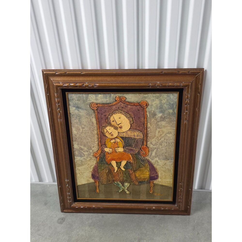 Vintage J. Roybal Original Oil Painting "Mother & Child" -  28x32 Custom Frame